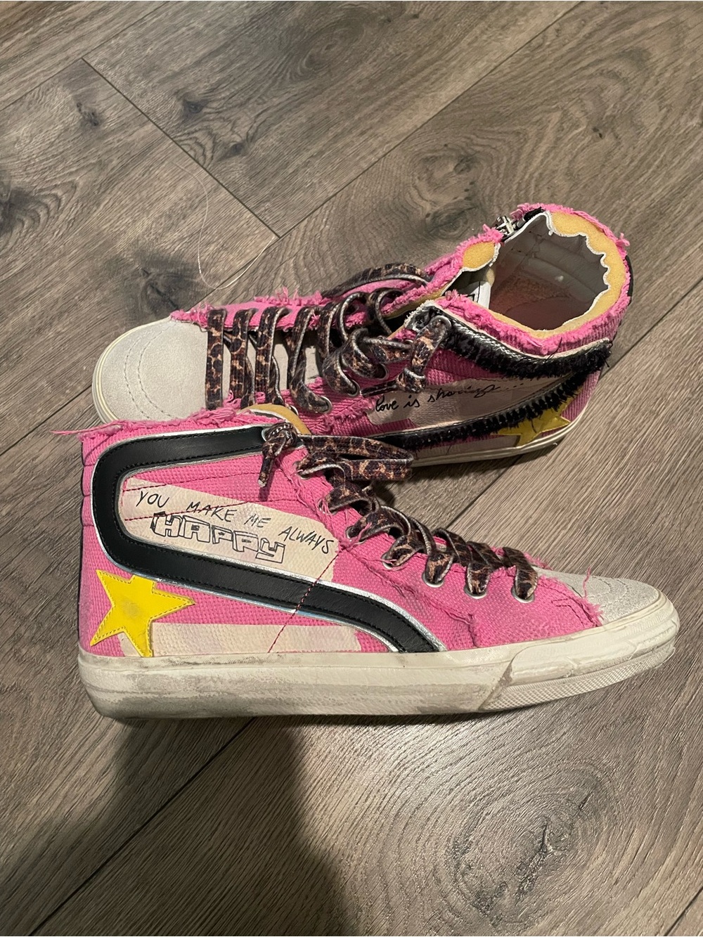 Golden Goose Pink Frayed High-Top Sneakers with Leopard Laces - Picture 2 of 6